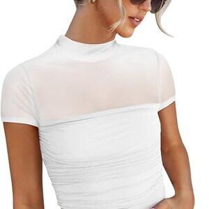 White Mesh Mock Neck Short Sleeve Top